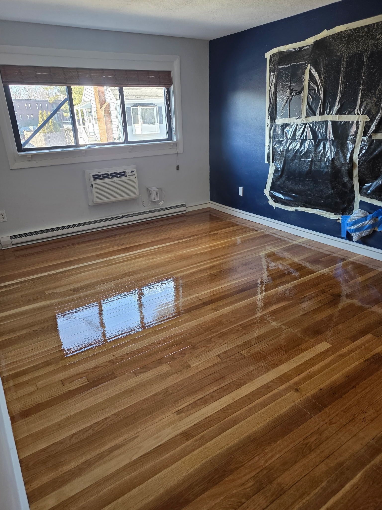 Freshly refinished hardwood floors with navy accent wall